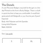 Zoozatz Bucky Badger Crop Top Tank Top with Built in Bra Size XS. White Photo 7