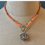 coral beaded sterling silver heart locket pendant necklace Orange Photo 0