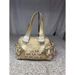 Michael Kors Harrison Large Satchel Handbag Beige Gold MK Monogram Photo 10