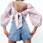 ZARA  White Colorful Floral Fairy Boho Smocked Tie Back Linen Blend Crop Top Photo 5