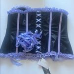 Top Drawer Steel Boned Black Satin Overbust Corset w Lavender trim & bow, 5XL🖤 Size 5X Photo 8
