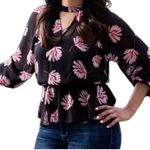 EXPRESS Black & Pink Floral Palm Print Sheer Dressy Top w/ Cut Out Accents XS Photo 0
