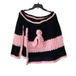 Vintage Handmade 70s Poncho Cape Sweater Pink Black With Bow Granny Size undefined Photo 0