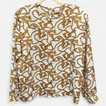 Vintage Satin Equestrian Chain Print Blouse Heritage Preppy Baroque Top Large Gold Photo 1
