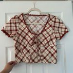 Brown and Cream Plaid Lace Trim Top Size L Photo 0