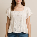 American Eagle  Ivory Eyelet Crochet Boho Peasant Top Women’s Medium Sheer Ruffle Photo 0