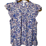 Rachel Zoe  Blue Floral Smocked Top Blouse with Metallic Thread Photo 0