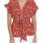 Max Studio L Large Top Blouse Scarlet Red Daisy Floral Ruffled Sleeve Tie Photo 0