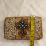 Western Boho Hippie Indie Tan cream western large beaded clutch bag purse wallet rhinestones angel wings dedazzled embellished silver tone Measurements in pics Photo 6