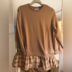NEW Tan Sweatshirt Plaid Patchwork Crewneck Preppy Long Sleeve Flowy Pullover S Brown Photo 1