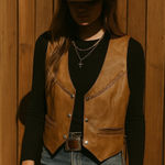 Vintage American MOB boho cowgirl leather western vest jacket large festival Tan Photo 0