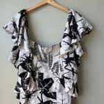 Farm Rio  Women's Graphic Leaves Off White Midi Dress -‎ Ruffle Sleeves Photo 3