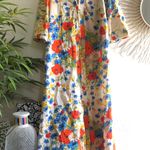 1970s Vintage SEARS floral red and blue white multicolored colorful pastel floral flower kimono robe zip up short sleeve flowy dress with one Size L Photo 0