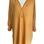 Zenana  Mustard Yellow Zip V Neck 3/4 Ruched Sleeve Tunic Plus Size 1X Stretch Photo 1