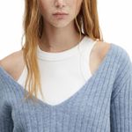 Mango Wool Blend V-Neck Ribbed Knit Sweater Blue Small Photo 4