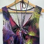 Peacock Feather Sleeveless Shift Dress with Embellished Neckline Size Medium Photo 2