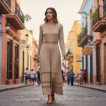 Johnny Was VTG  Collection Maxi Dress L Rayon Embroidered Boho Made in USA Tan Photo 1