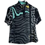 Jamie Sadock Womens XS Short Sleeve Top Grey Animal Print Green Signed 1/4 Zip Gray Photo 0