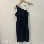 Adrianna Papell Boutique Elegant Satin Black Beaded One-Shoulder Babydoll Dress Photo 4