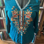 Reba embroidered flowers western cowboycore boho shirt Blue Photo 0