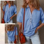 Dokotoo Women‘s Casual Short Sleeve 1/4 Button Solid Collar Neck Pullover Top Blue Size L Photo 2
