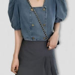 Cenzo Denim Cropped Top Puff Sleeve Light Blue Photo 0