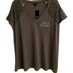 Torrid Life is Beautiful 1X Soft Slub V-Neck Lace Sleeve Embroidery Top Olive Photo 0
