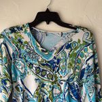 Women's Medium Y2k Retro Blue Green Floral Sequin Slinky Beaded Long Slv Blouse White Photo 1