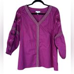 Charter Club  Embroidered Boho Peasant Top Magenta Cotton 3/4 Sleeve V-Neck Large Photo 1