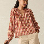 Faherty Annalise Blouse Top Organic Cotton Sunset Gingham Plaid Small Photo 0