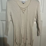 Bisou Bisou Michele Bohbot Cream Ribbed Knit Lace Up V Neck Pullover Top‎ Size M Photo 0