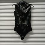 Womens Bodysuit Size Small Black Faux Leather Zip Front Biker Whimsygoth Matrix Photo 1