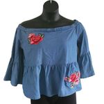 a.n.a Denim Off Shoulder Blouse with Floral Embroidery – Size Large – 3/4 sleeve Photo 1