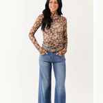 New In Boutique Floral Sheer Print High Neck Long Sleeve Mesh Top Small Brown Photo 1