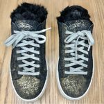 P448  Clara Metallic Faux Fur Lined Platform Slip On Sneakers Black Gold Glitter Photo 1