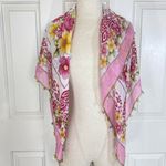 Floral crochet trim large scarf, Square pink yellow green white flower print Photo 2