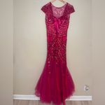 Sherri Hill Deep Raspberry Pink Beaded Tulle Skirt Mermaid Gown- Dress 2 Photo 9