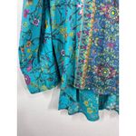 Lola P. Floral Button Down Top Long Sleeve Ruffle Hem‎ Bohemian Teal Size Medium Blue Photo 5