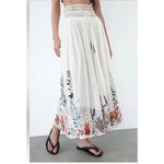 ZARA Women 100% Cotton White Maxi A-Line Skirt Ocean Embroidered Lined Tassel M Photo 2