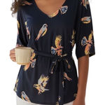 Deletta ANTHROPOLOGIE  Navy Bird Print Belted Tunic Top EUC‎ Size Small Photo 0