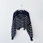 ZARA [] Blue Striped Chunky Knit Boxy Cropped Sweater Balloon Sleeves Sz Medium M Photo 2