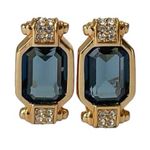 Vintage Unsigned Gold Tone Deep Teal Blue Emerald Cut Rhinestone Clip Earrings Photo 3