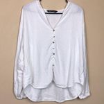 ZARA  Women’s Linen Blend Mother of Pearl White Button-Up Long Sleeve Blouse Photo 0