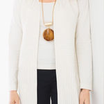 Chico's  Size 2 Ecru‎ Faux Leather Strip Open Front Cardigan Coastal Lagenlook L Photo 0