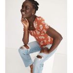 Madewell Orange White Floral Georgette Lucie Puff-Sleeve Smocked Bodice Top XL Photo 1