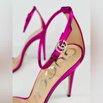 Gucci  Pink Metallic Leather Ankle Strap GG Crystal Logo Heel Sandals Sze EU 40 Photo 3