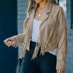 NWT Cropped Soft Faux Western Fringe Suede Open Style Lined Jacket Coat M Cream Size M Photo 0
