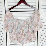 Active USA  Sheer Floral Chiffon Tie Front Crop Blouse Blue Pink 1XL Puff Sleeve Photo 9