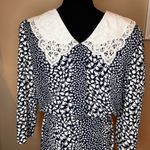 VTG 80s Lace Bow Tie Graphic Pattern Belted Dress SZ M Mad Men Doiley Unique Blue Size M Photo 1