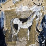 Country Shop Chic Abstract Button Down Shirt Horse Newspaper Size L 100% Rayon Blue Photo 2